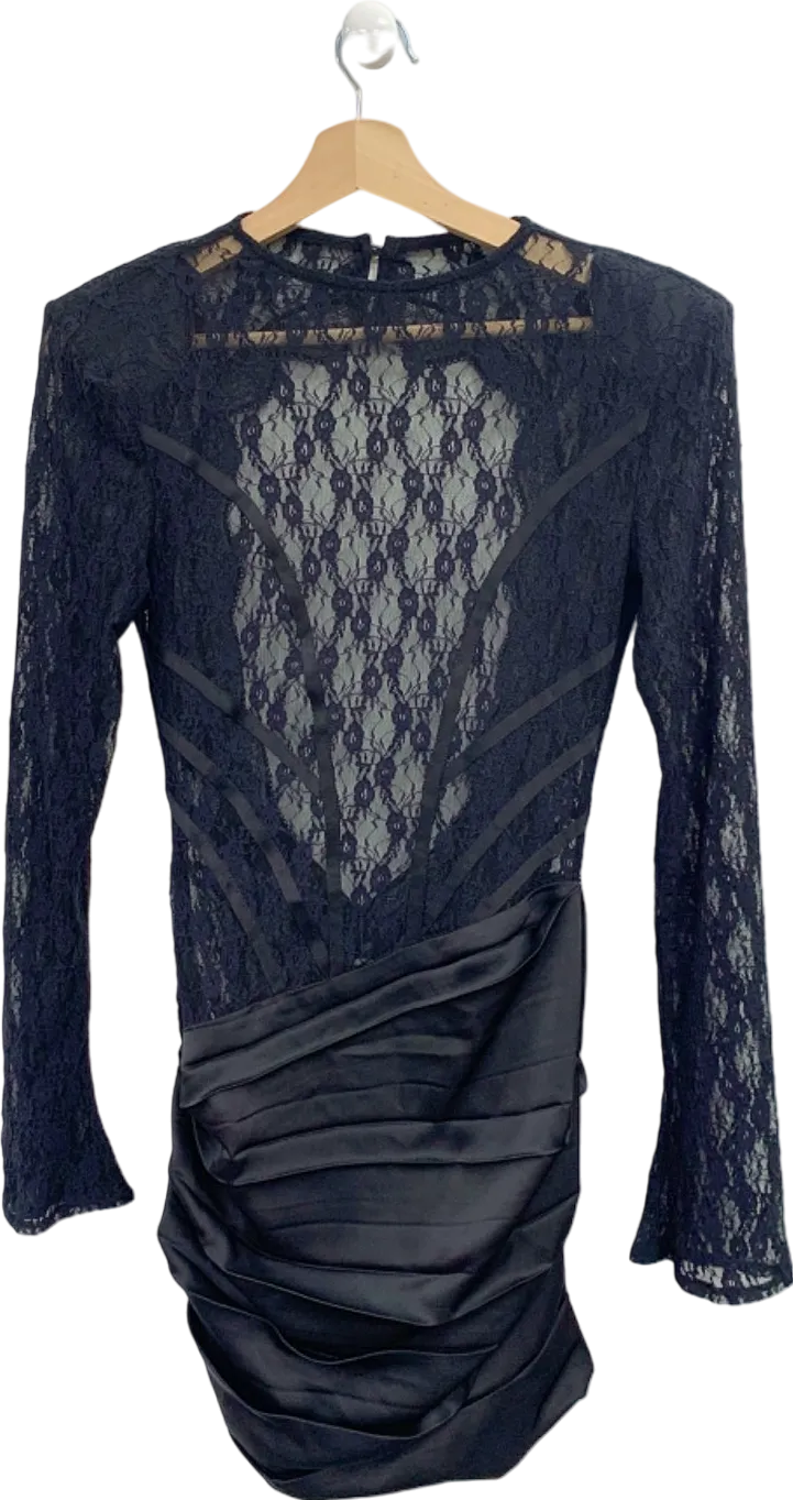 Miss Circle Black Lace Satin Ruched Dress UK XS