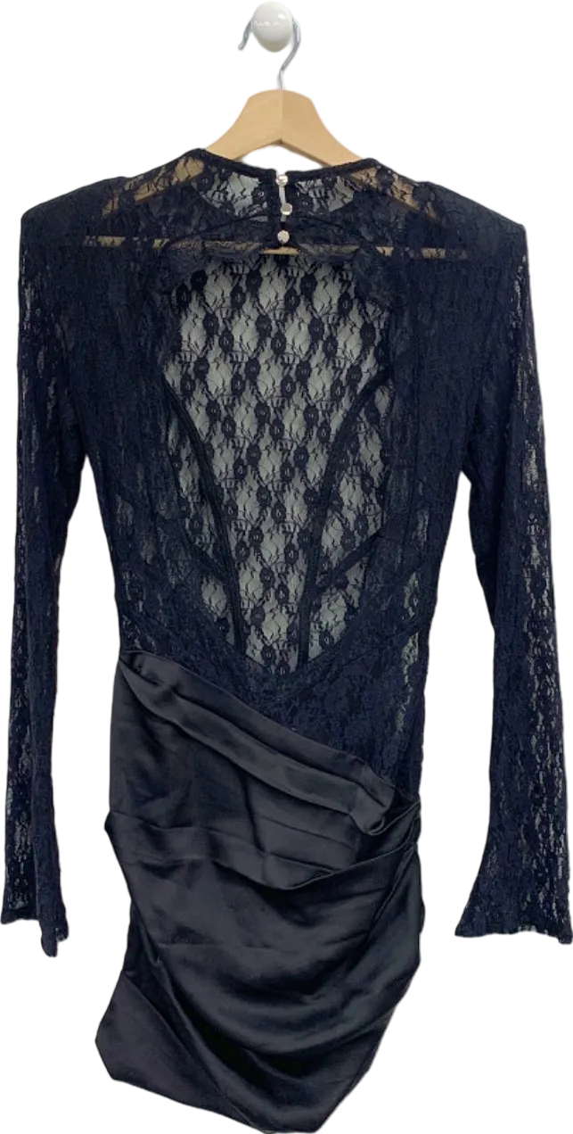 Miss Circle Black Lace Satin Ruched Dress UK XS