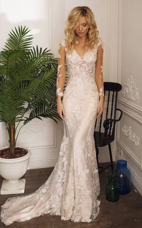 Modern Jewel Mermaid Floor-length Sweep Train Long Sleeve Wedding Dress With Appliques-716020