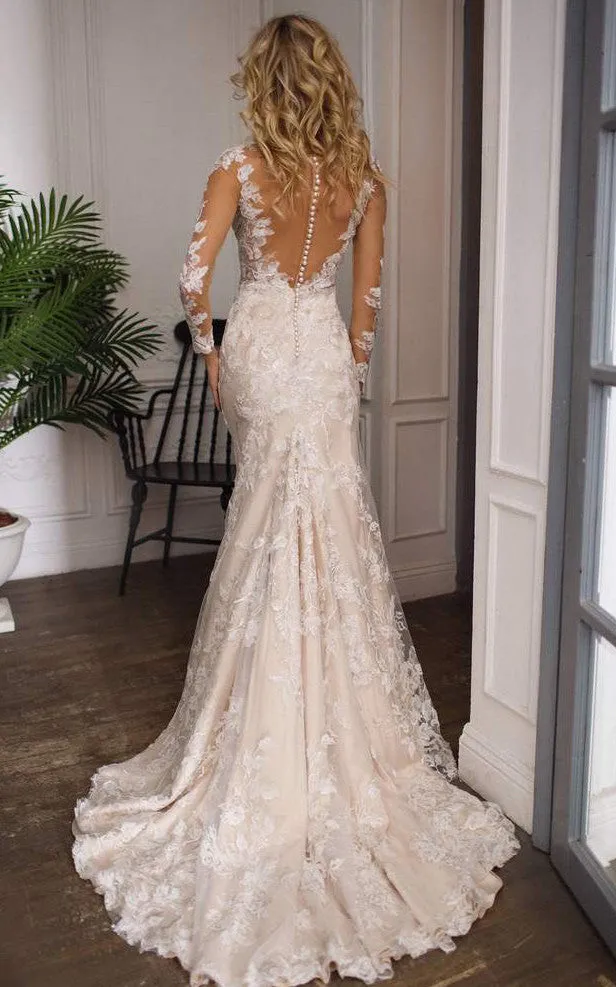 Modern Jewel Mermaid Floor-length Sweep Train Long Sleeve Wedding Dress With Appliques-716020