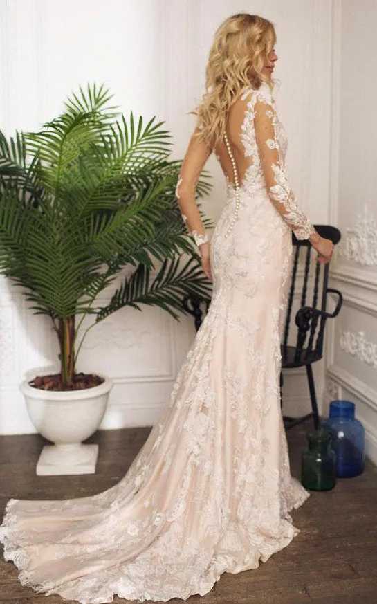 Modern Jewel Mermaid Floor-length Sweep Train Long Sleeve Wedding Dress With Appliques-716020