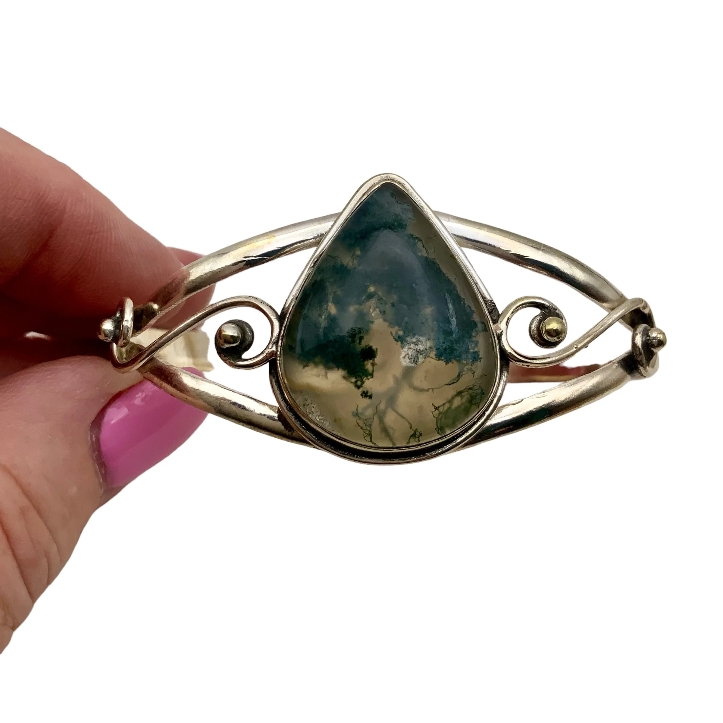 Moss Agate Solid 925 Sterling Silver Cuff Bracelet