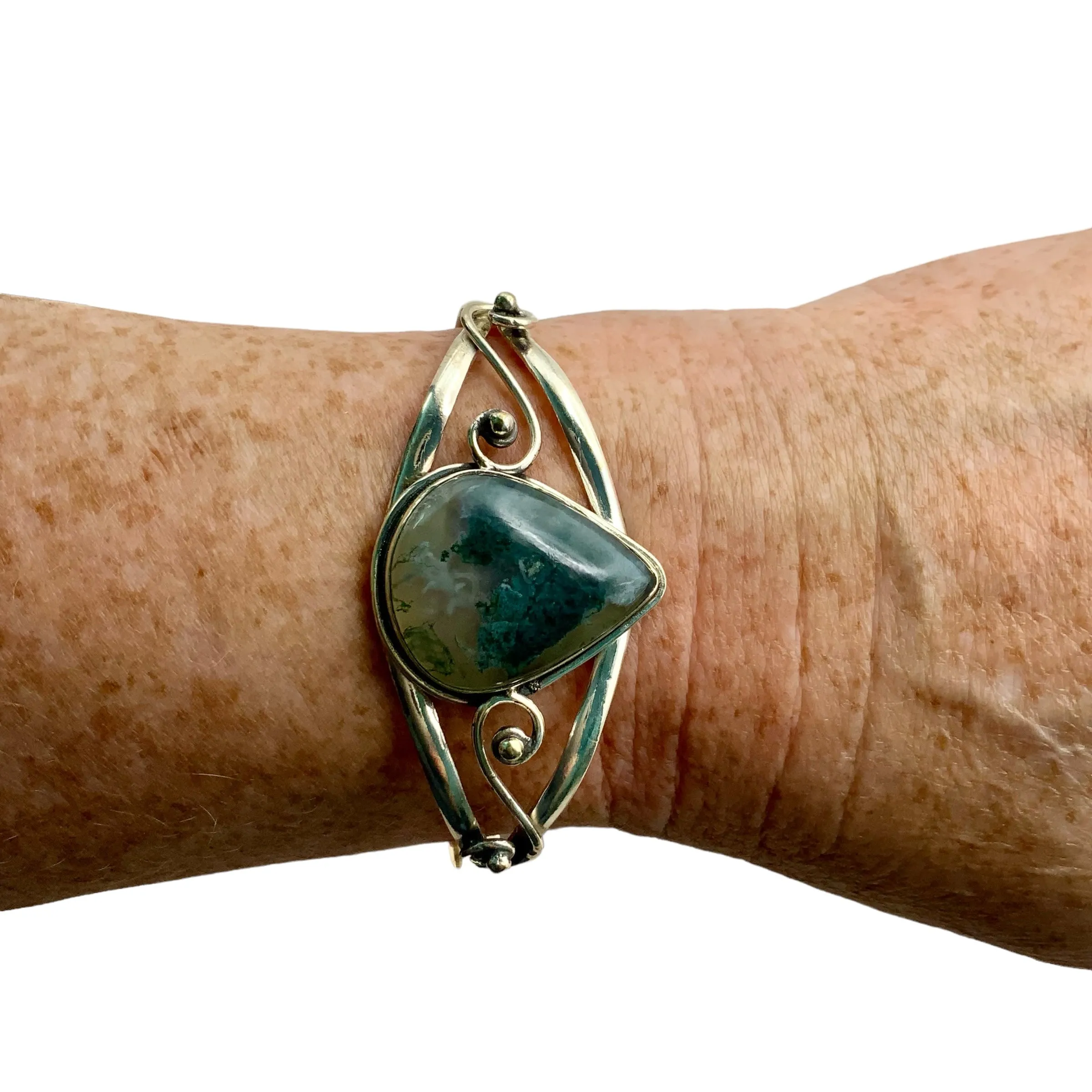 Moss Agate Solid 925 Sterling Silver Cuff Bracelet