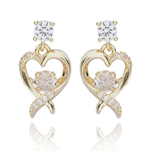 Moving Crystal Gold Plated Cross Over Heart Earrings