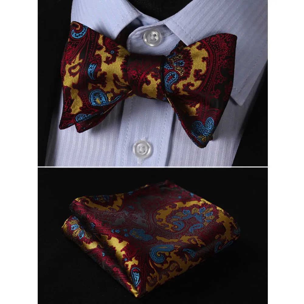 Multicolor Paisley Mens Silk Self tie Bow Tie with Pocket Squares Set