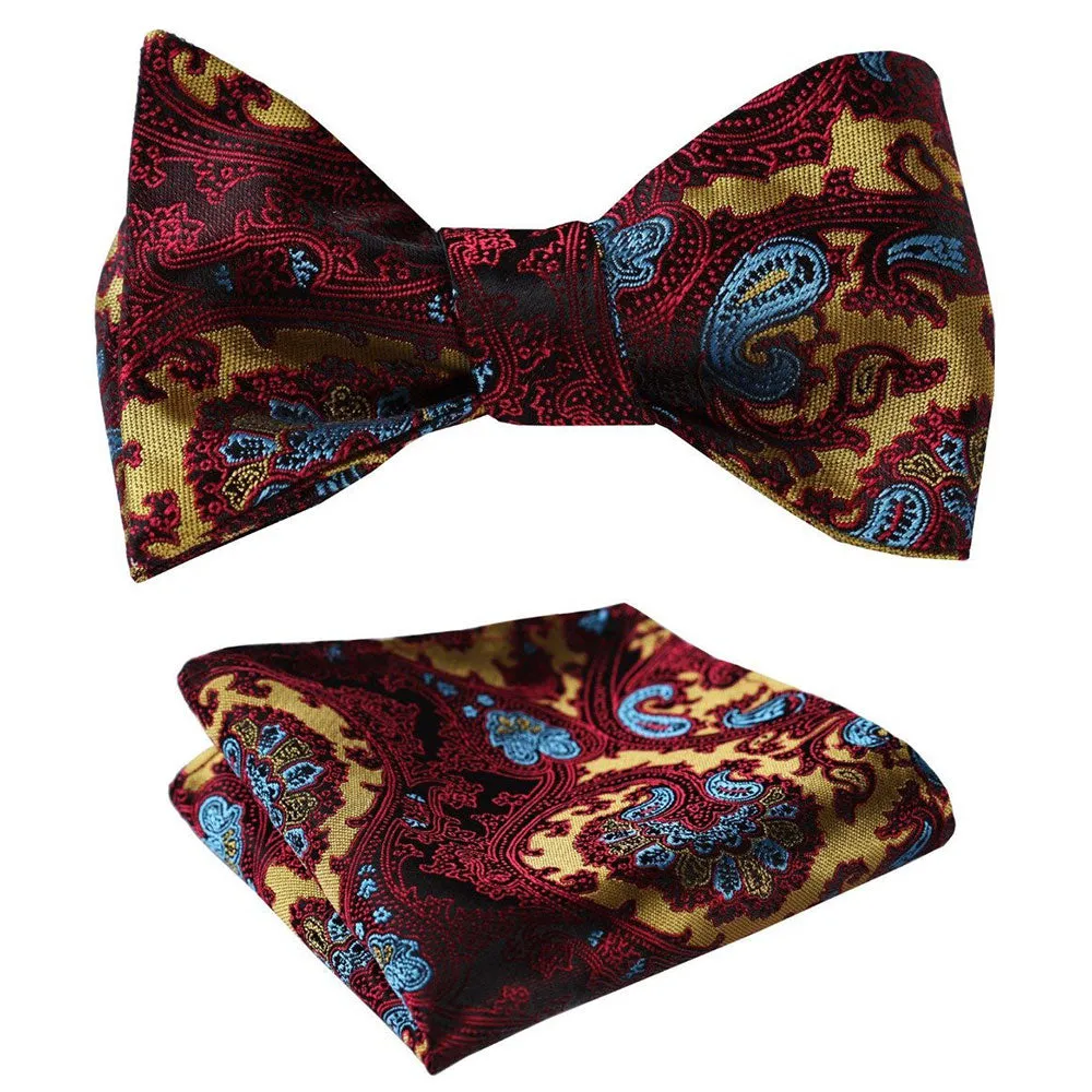 Multicolor Paisley Mens Silk Self tie Bow Tie with Pocket Squares Set