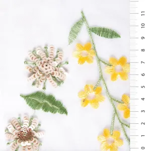 Multicolored Floral Sequin Yarn Embroidery Knitted Tulle Yellow Fabric