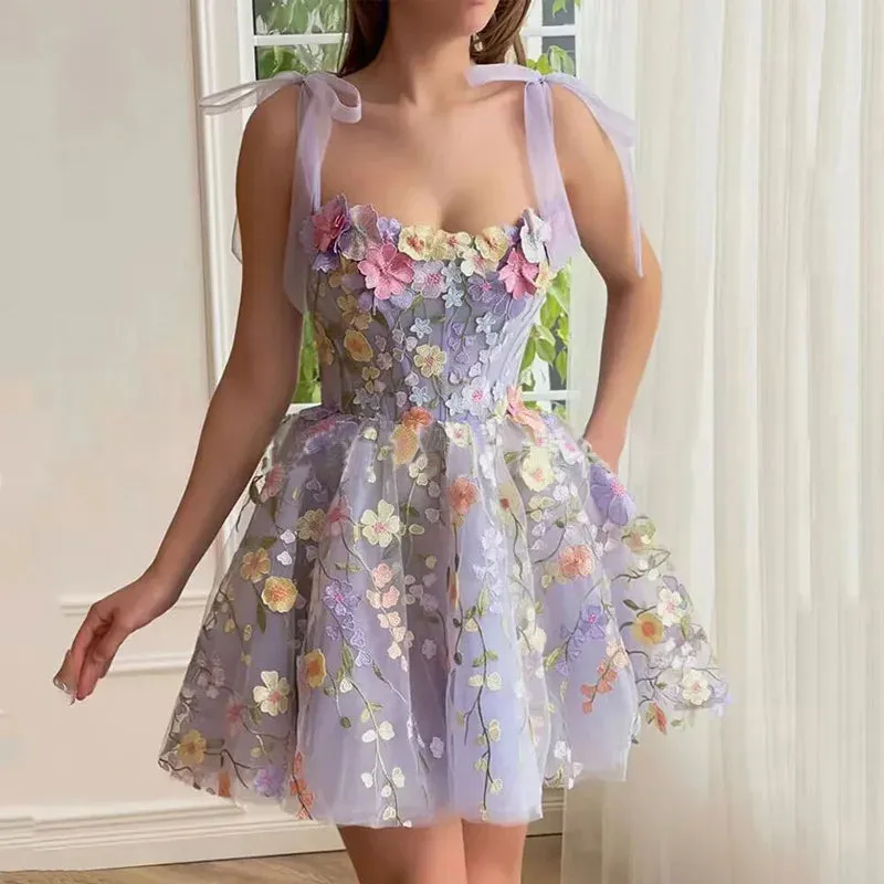 New Evening Prom Holiday Formal Dress 3D Flower Embroidered Straps Sexy Tulle Lace Evening Dress