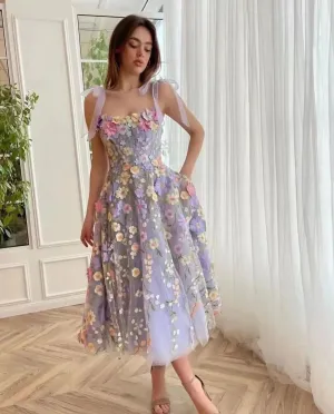 New Evening Prom Holiday Formal Dress 3D Flower Embroidered Straps Sexy Tulle Lace Evening Dress