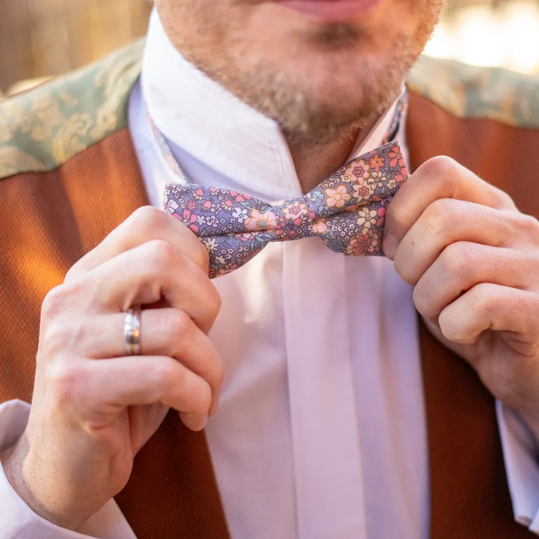 Nico Pink & Yellow Floral Bow Tie, Skinny Tie, Boys Bow Tie and Pocket Square Set