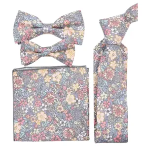 Nico Pink & Yellow Floral Bow Tie, Skinny Tie, Boys Bow Tie and Pocket Square Set