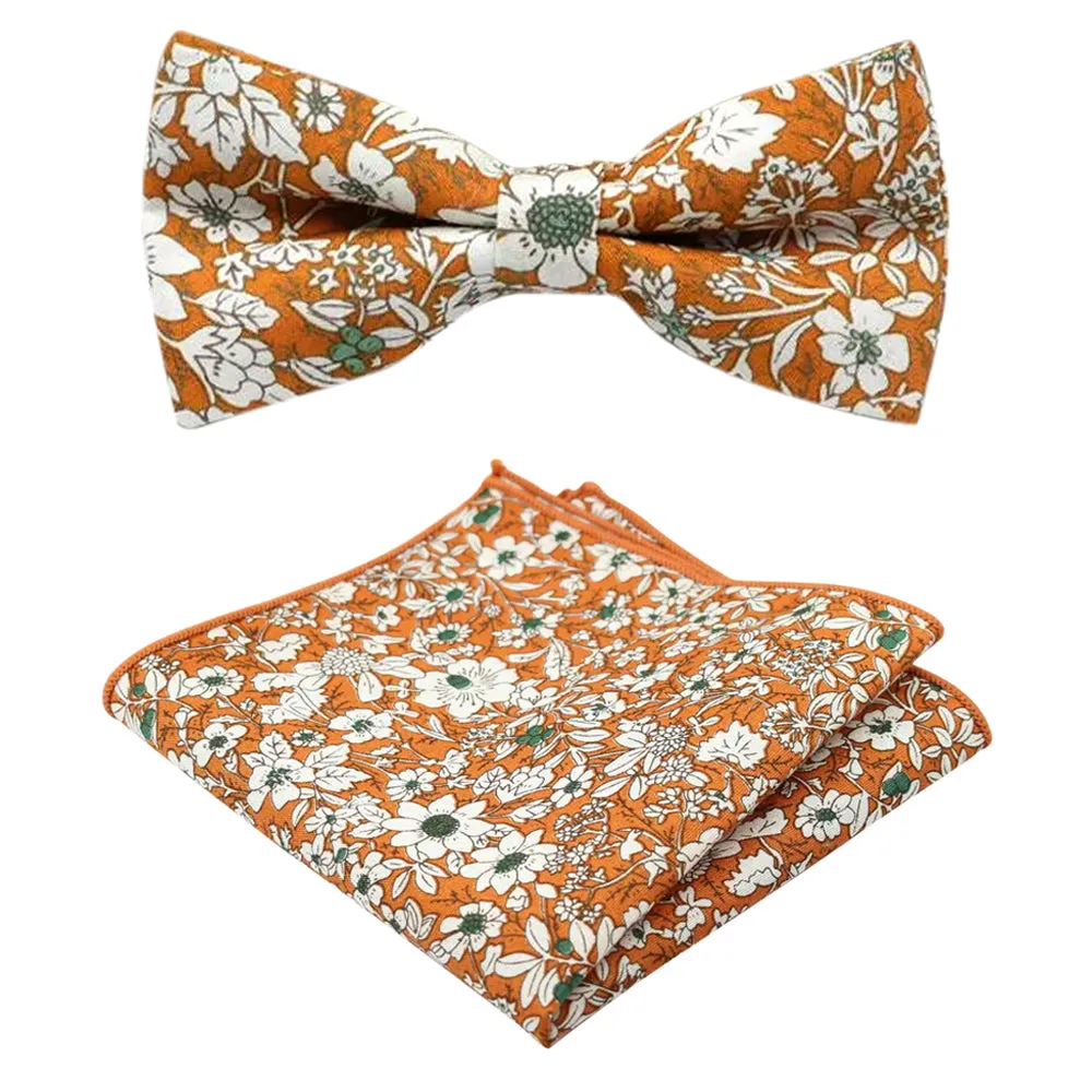 Nora Orange Floral Adult Cotton Bow Tie, Pocket Square and Navy Blue Plain Braces Set