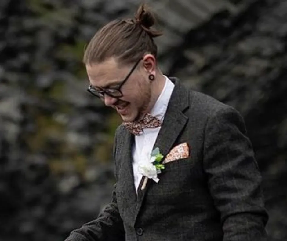 Nora Orange Floral Adult Cotton Bow Tie, Pocket Square and Navy Blue Plain Braces Set