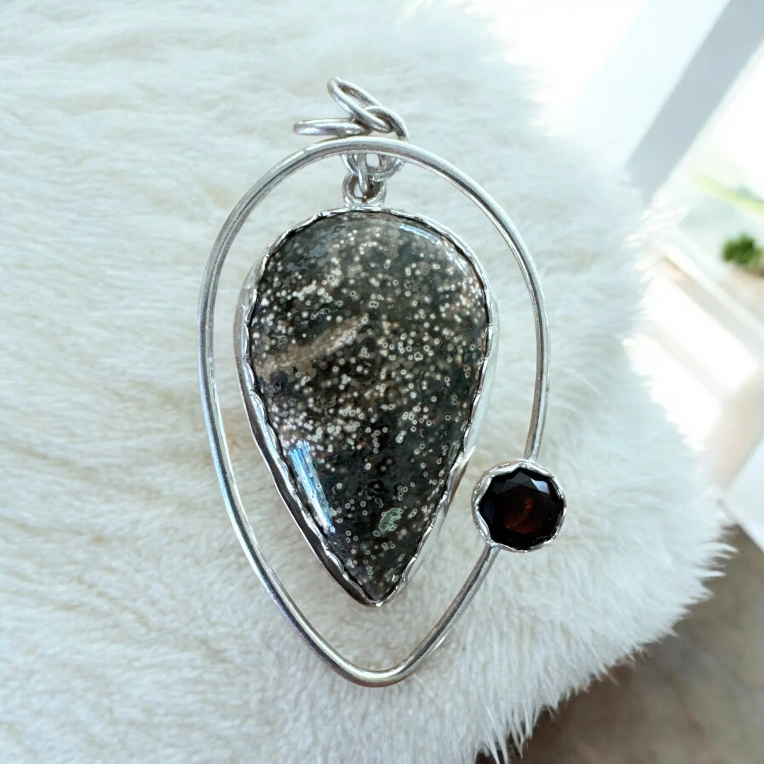 Ocean Jasper & Garnet Solid 925 Sterling Silver Pendant