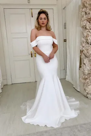 Off the Shoulder Ivory Satin Mermaid Wedding Dress