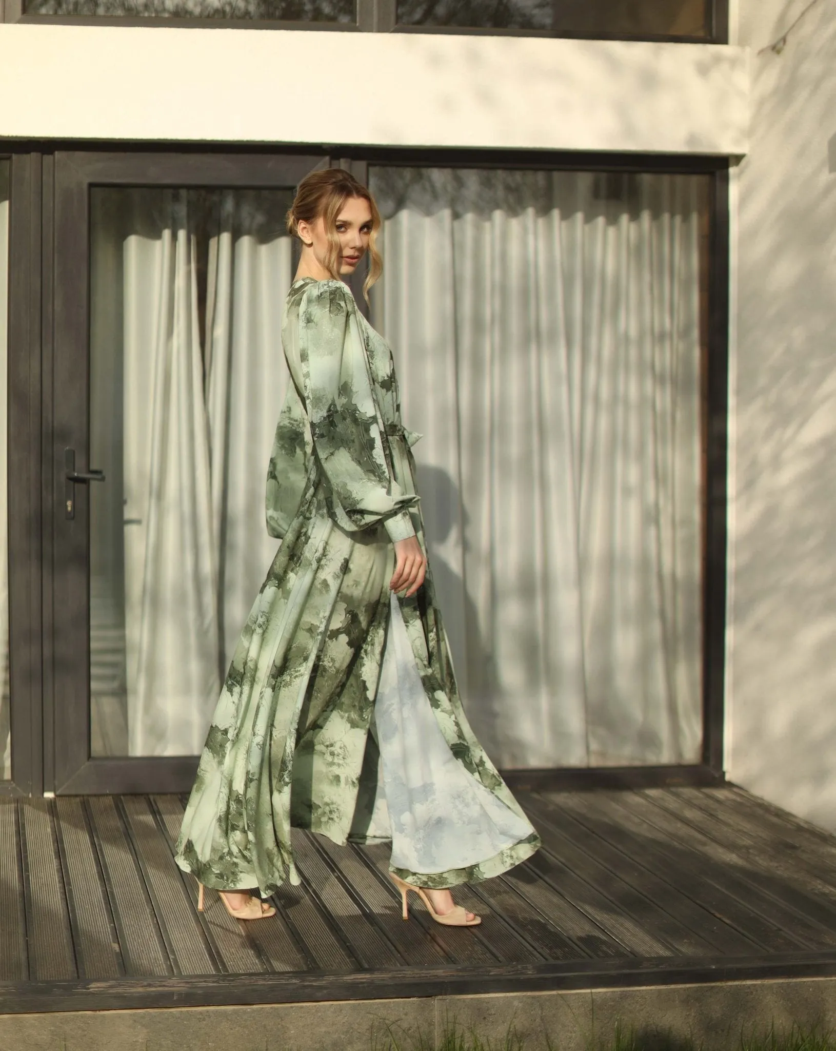 Olive Green Print Long Dress