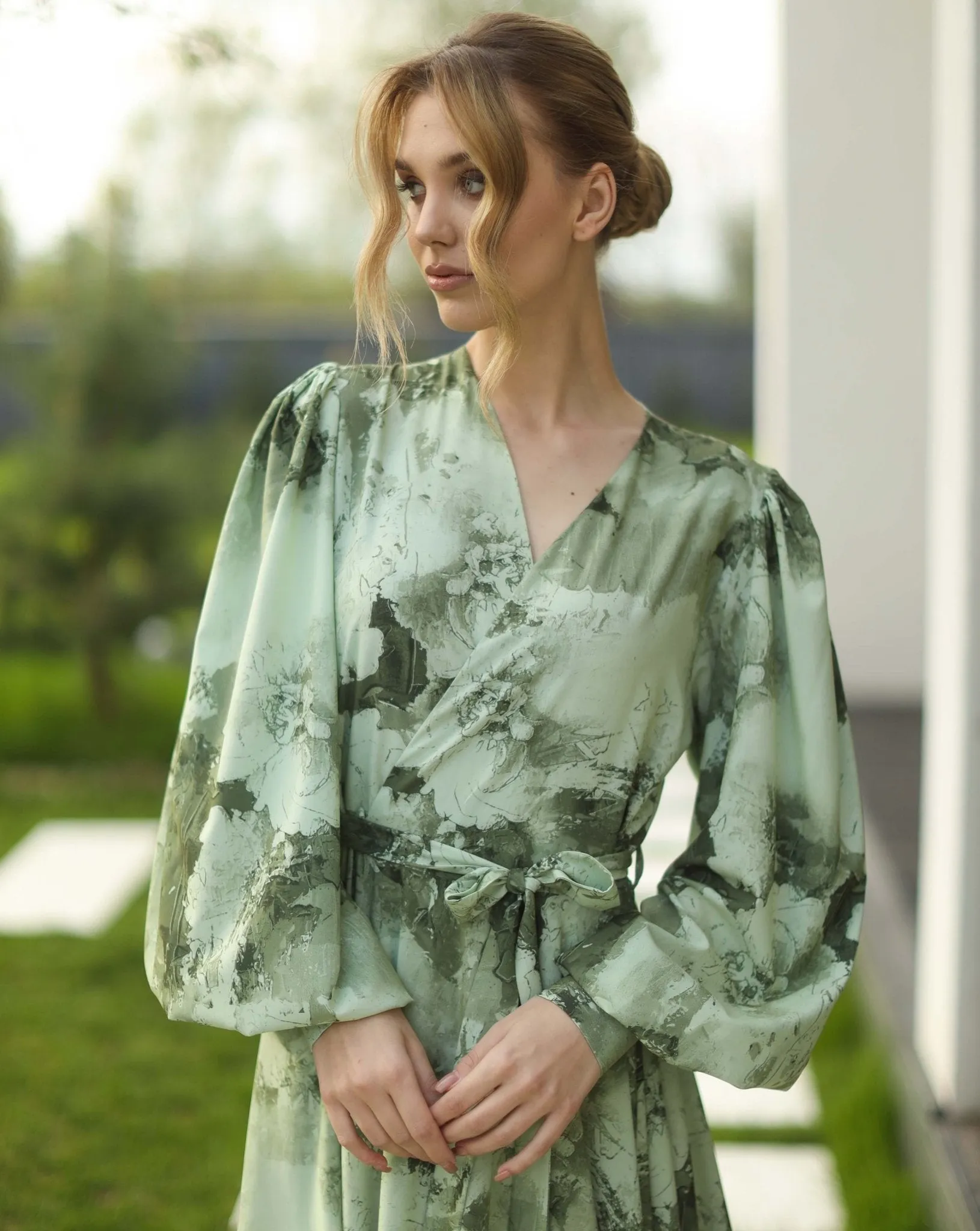 Olive Green Print Long Dress