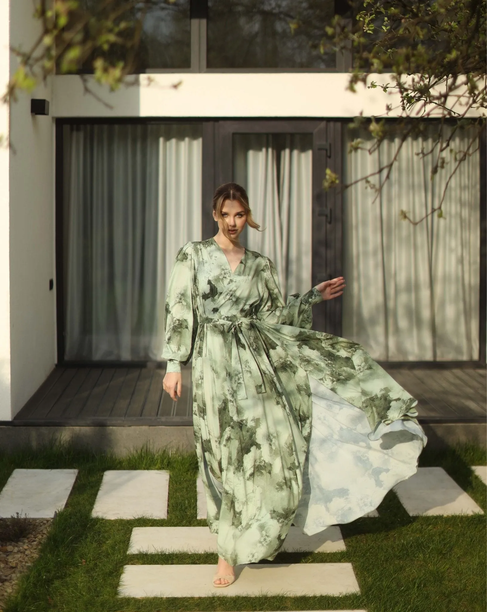 Olive Green Print Long Dress