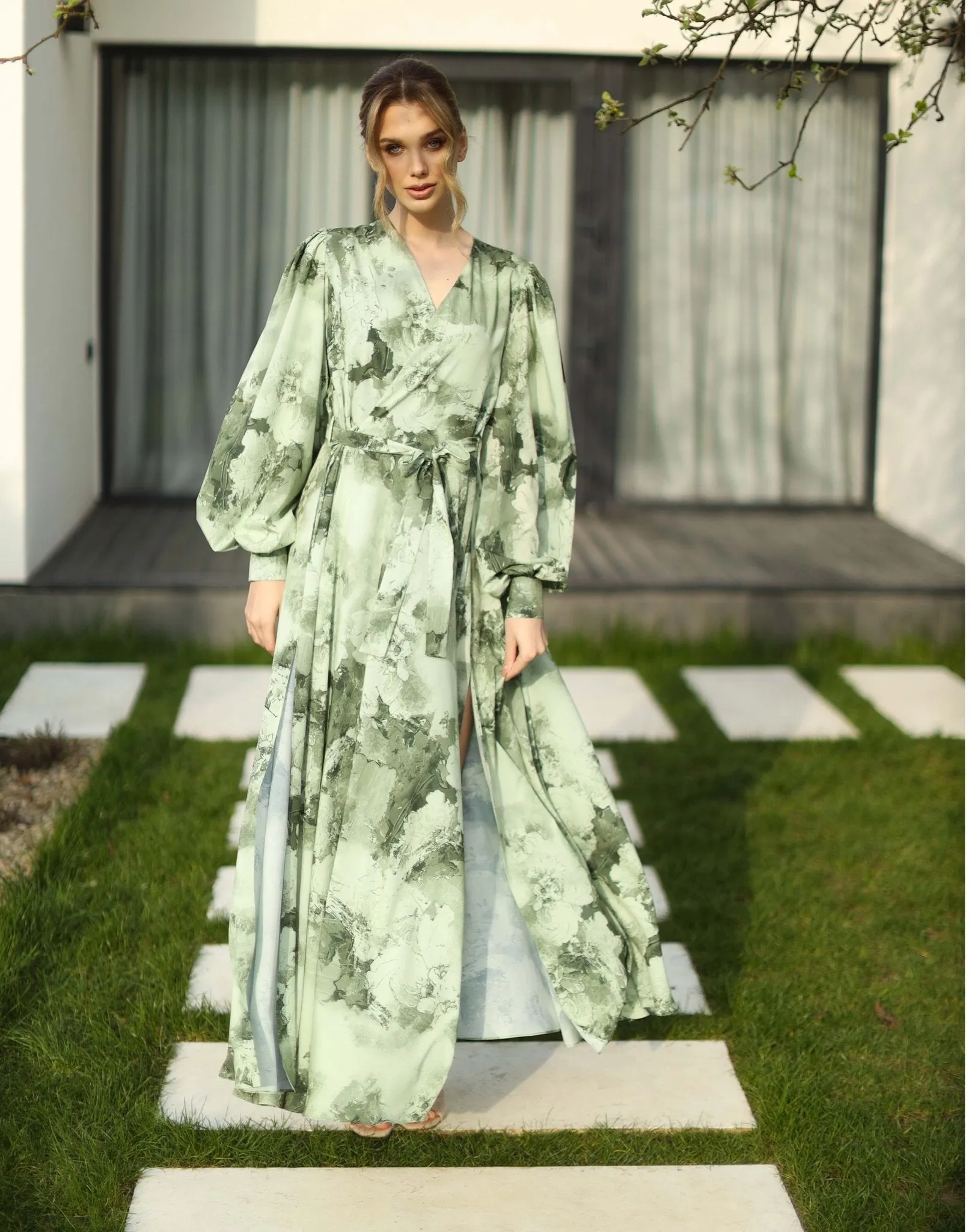 Olive Green Print Long Dress