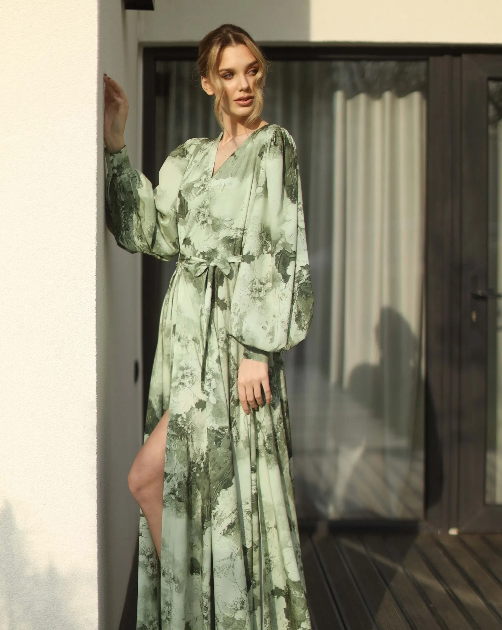 Olive Green Print Long Dress