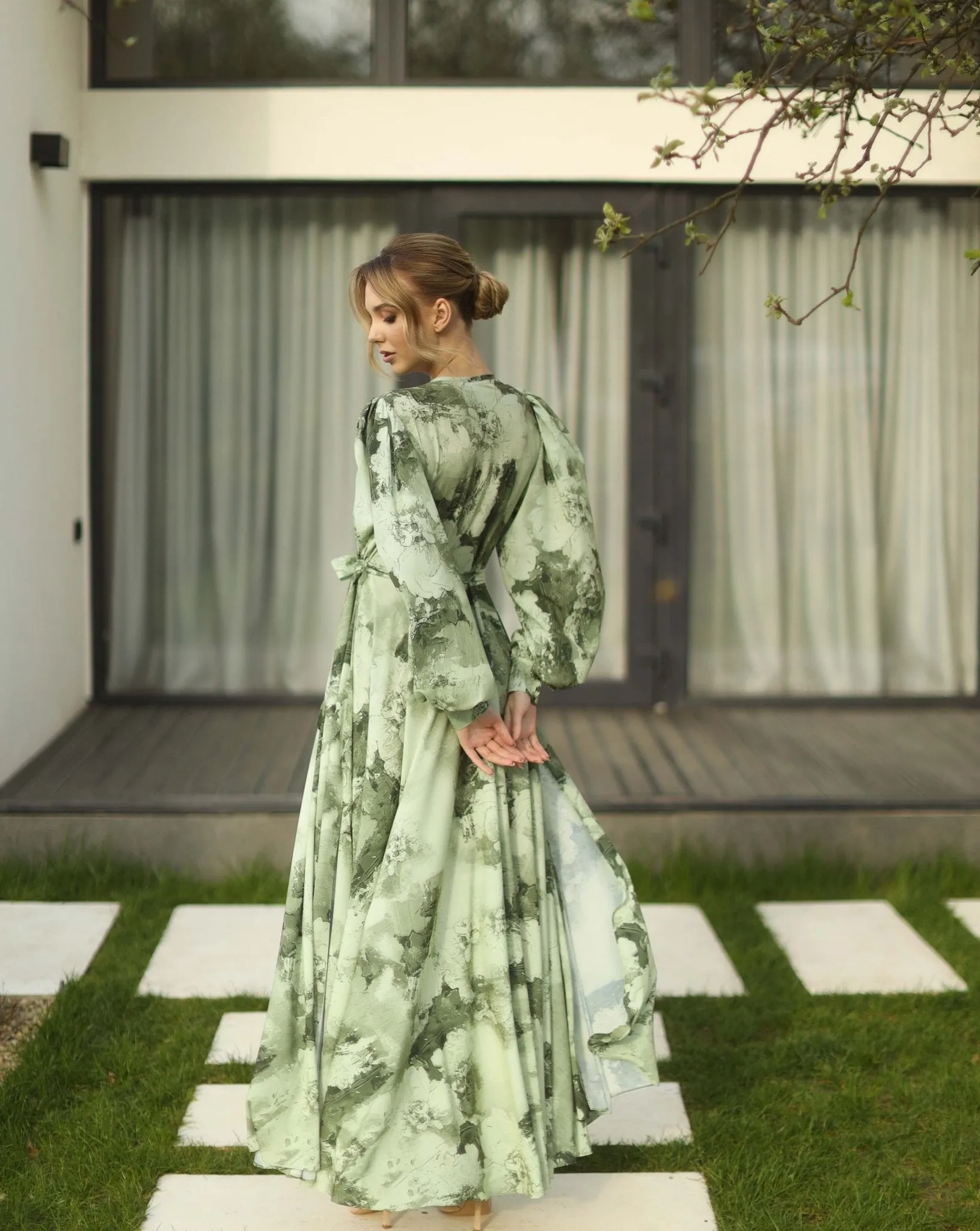 Olive Green Print Long Dress