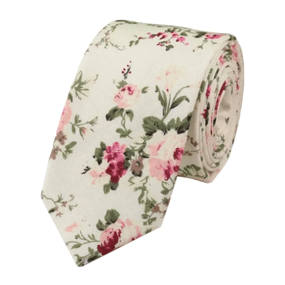 Olivia Cream Botanical Floral Tie and Pocket Square Set