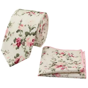Olivia Cream Botanical Floral Tie and Pocket Square Set