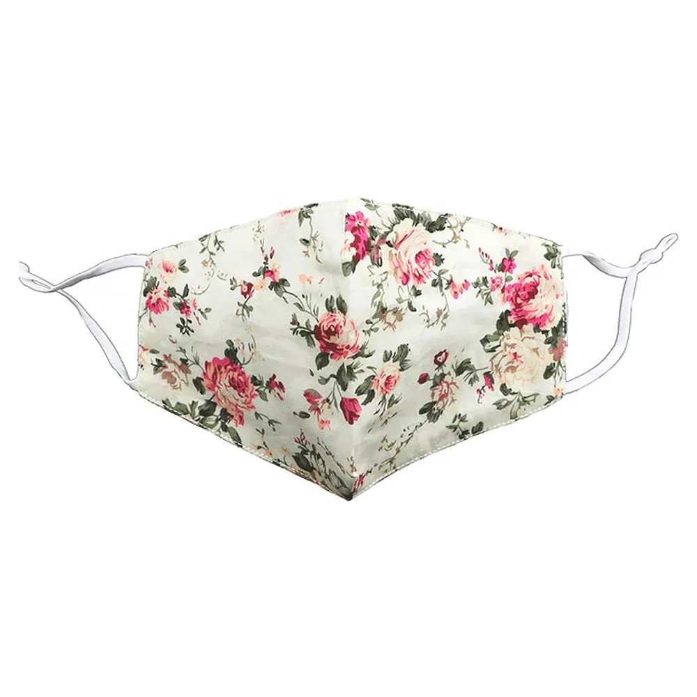 Olivia Cream Floral Cotton Face Mask - tie fastening -not elasticated