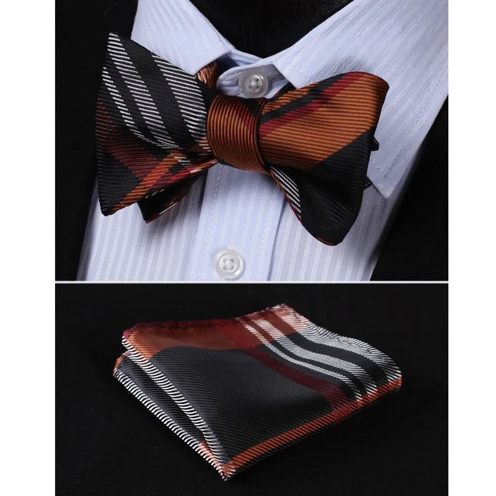 Orange Black Mens Silk Self tie Bow Tie with Pocket Squares Set