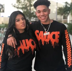 Orange Sauce | Black Long Sleeve Tee (Solid Checkered Drippin Sleeves)