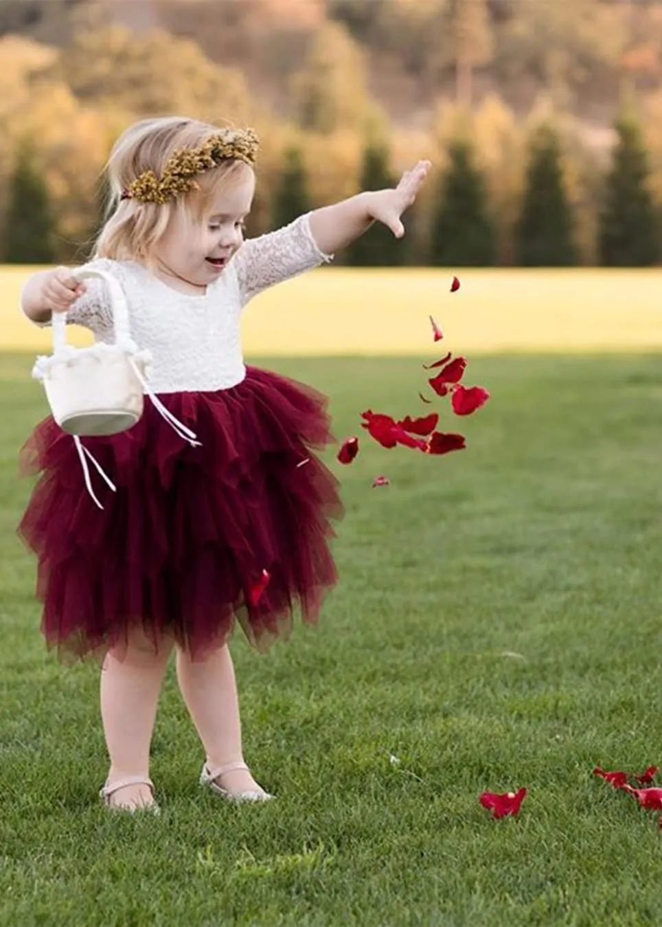 Peony Lace Flower Girl Dress in Burgundy (tiered)