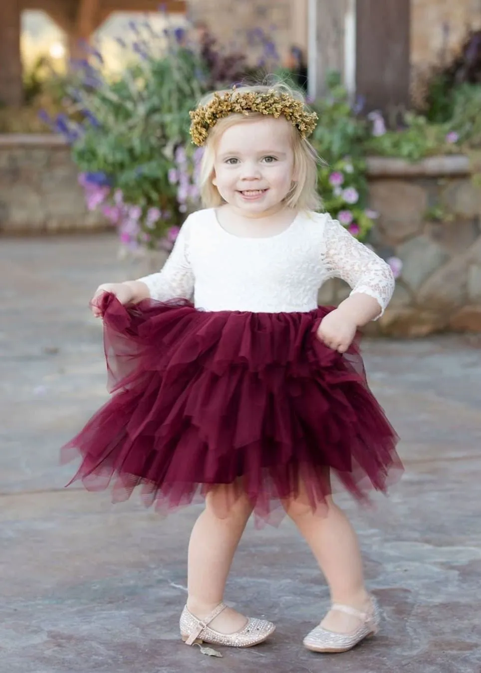 Peony Lace Flower Girl Dress in Burgundy (tiered)