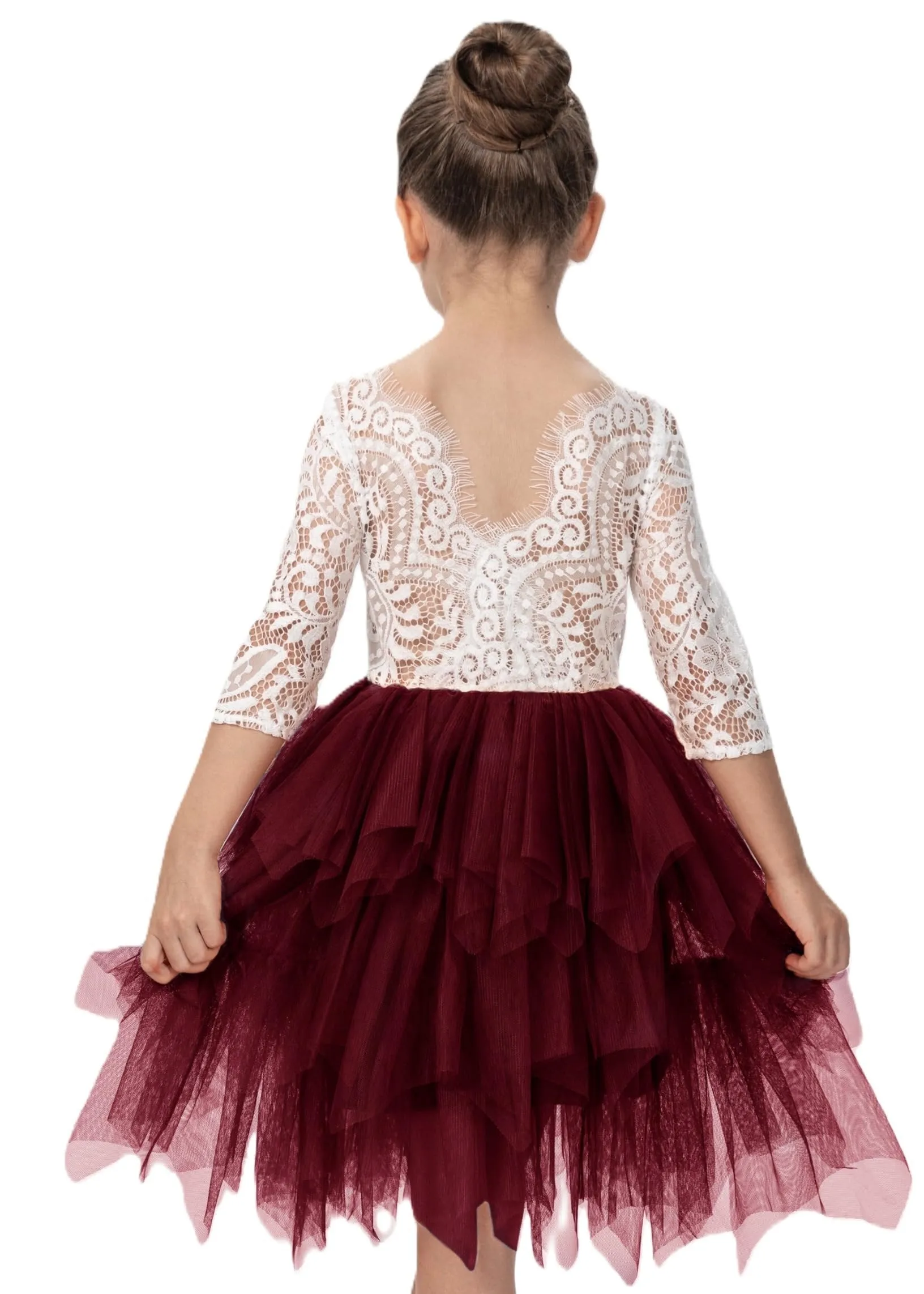 Peony Lace Flower Girl Dress in Burgundy (tiered)