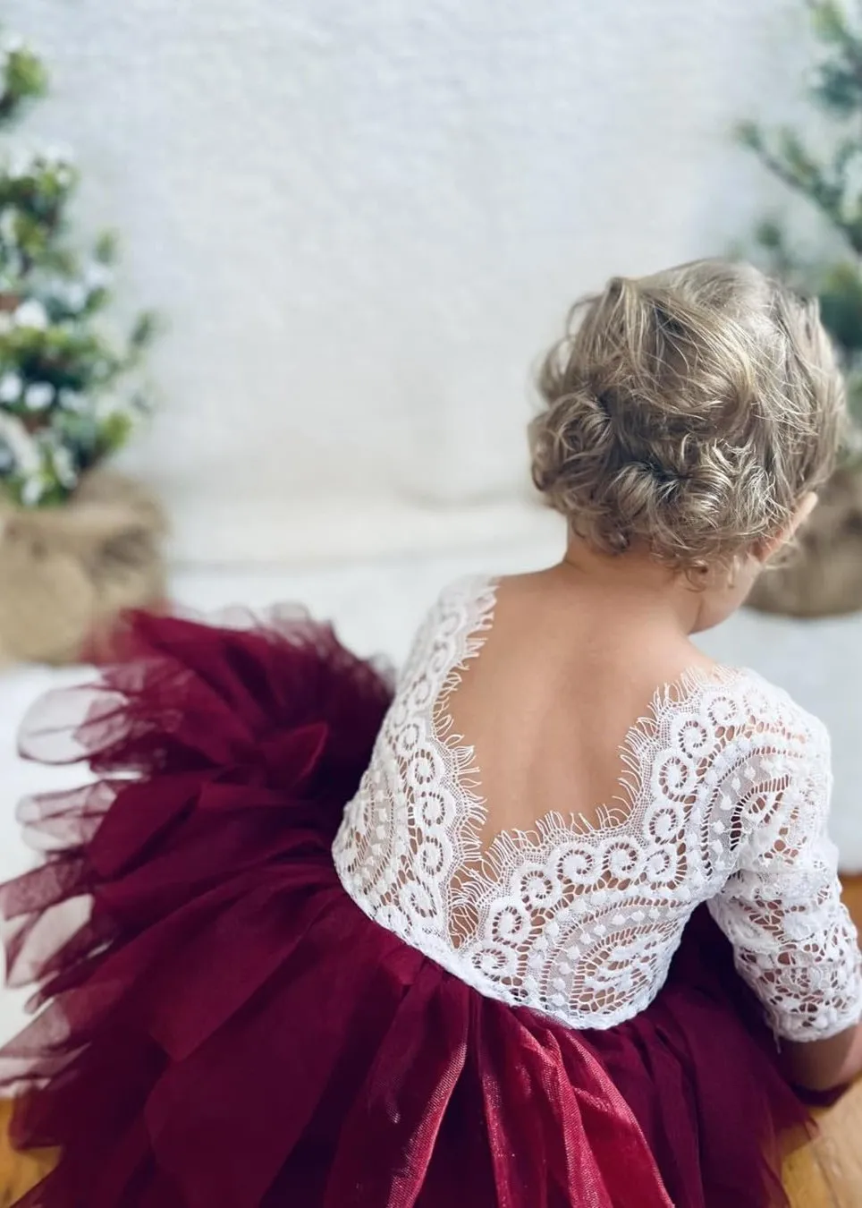 Peony Lace Flower Girl Dress in Burgundy (tiered)