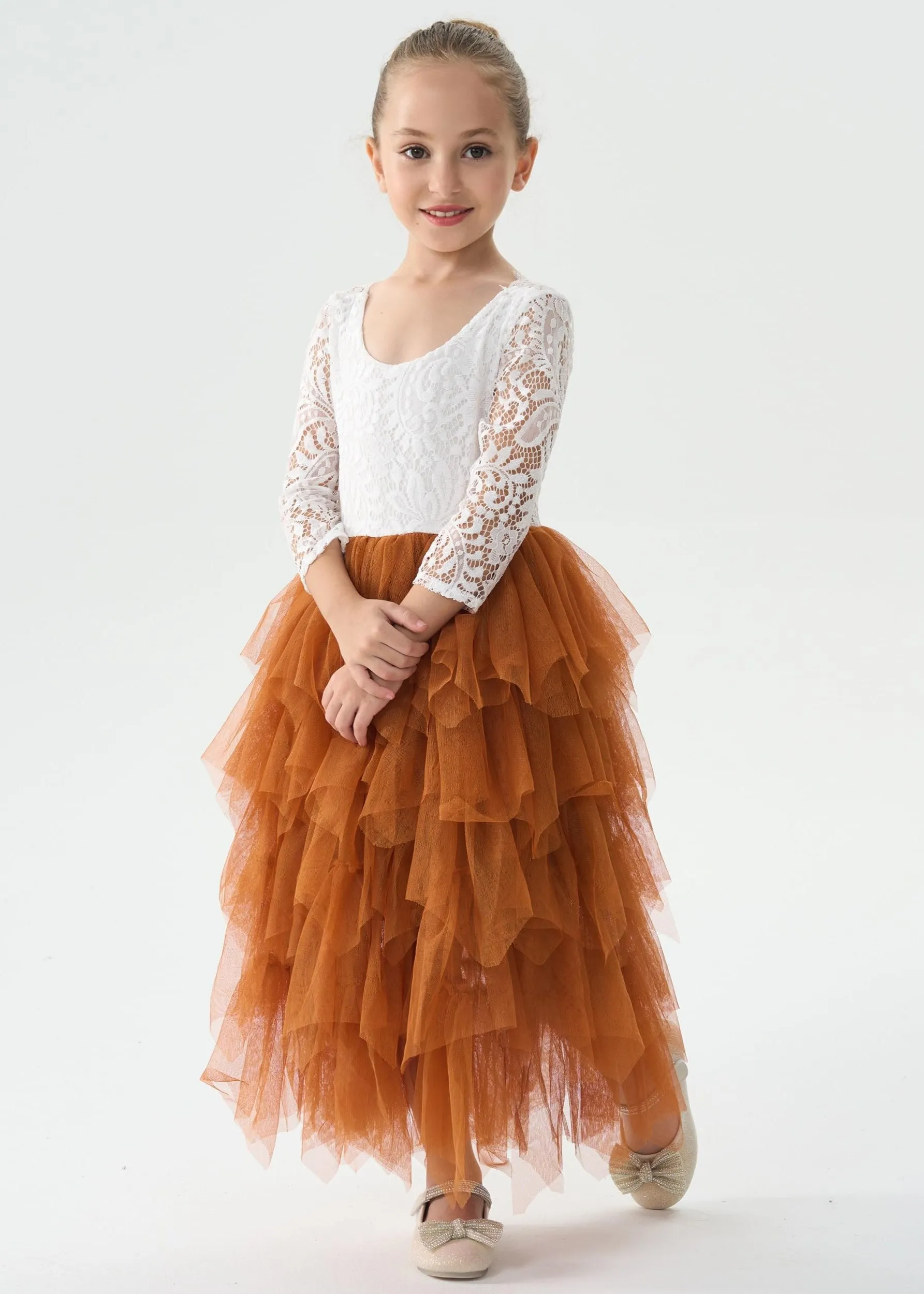 Peony Lace Flower Girl Dress in Burnt Orange (tiered)