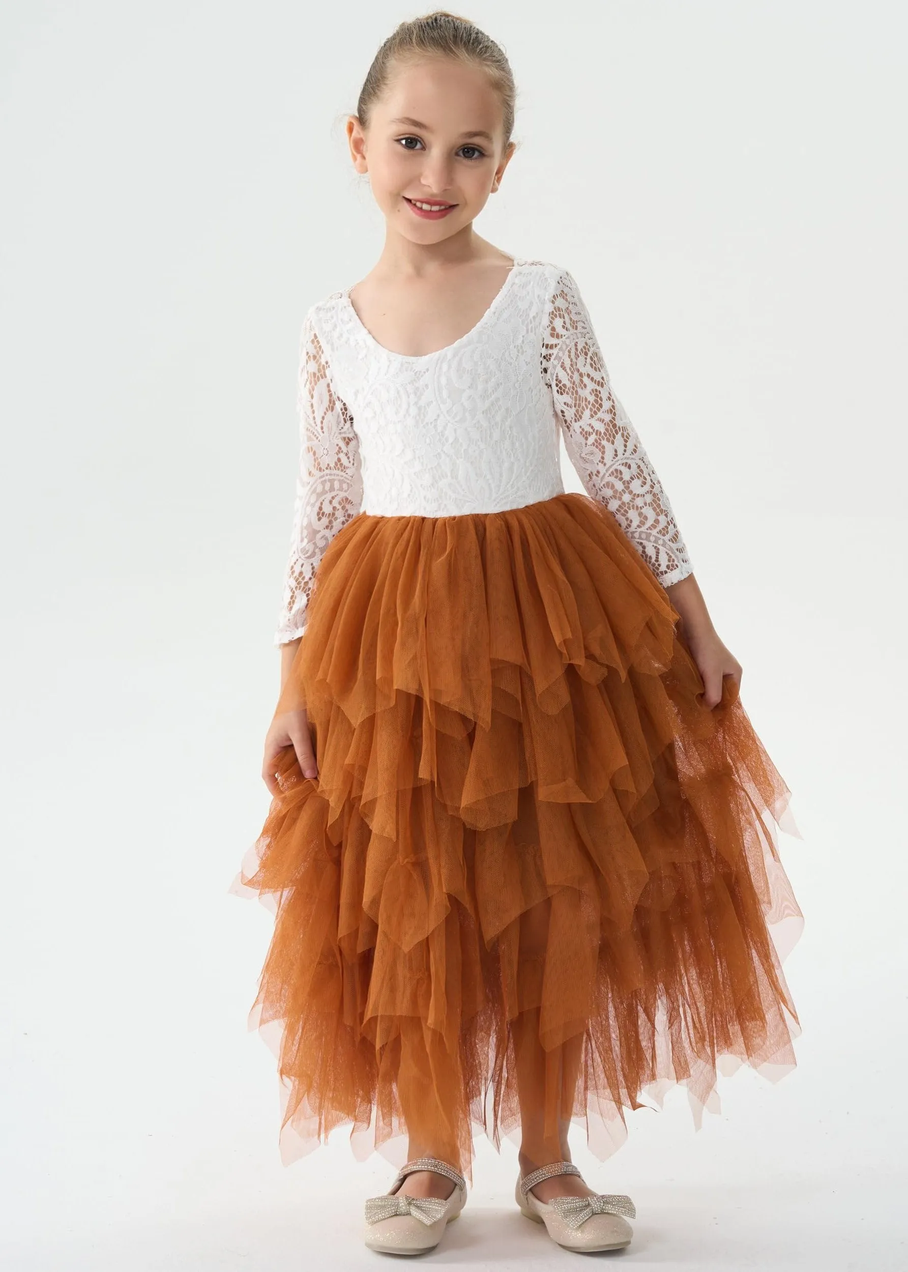 Peony Lace Flower Girl Dress in Burnt Orange (tiered)