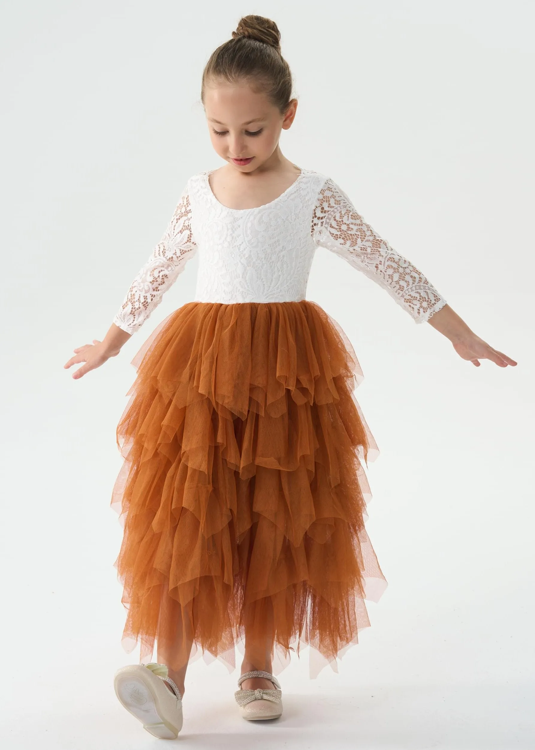 Peony Lace Flower Girl Dress in Burnt Orange (tiered)