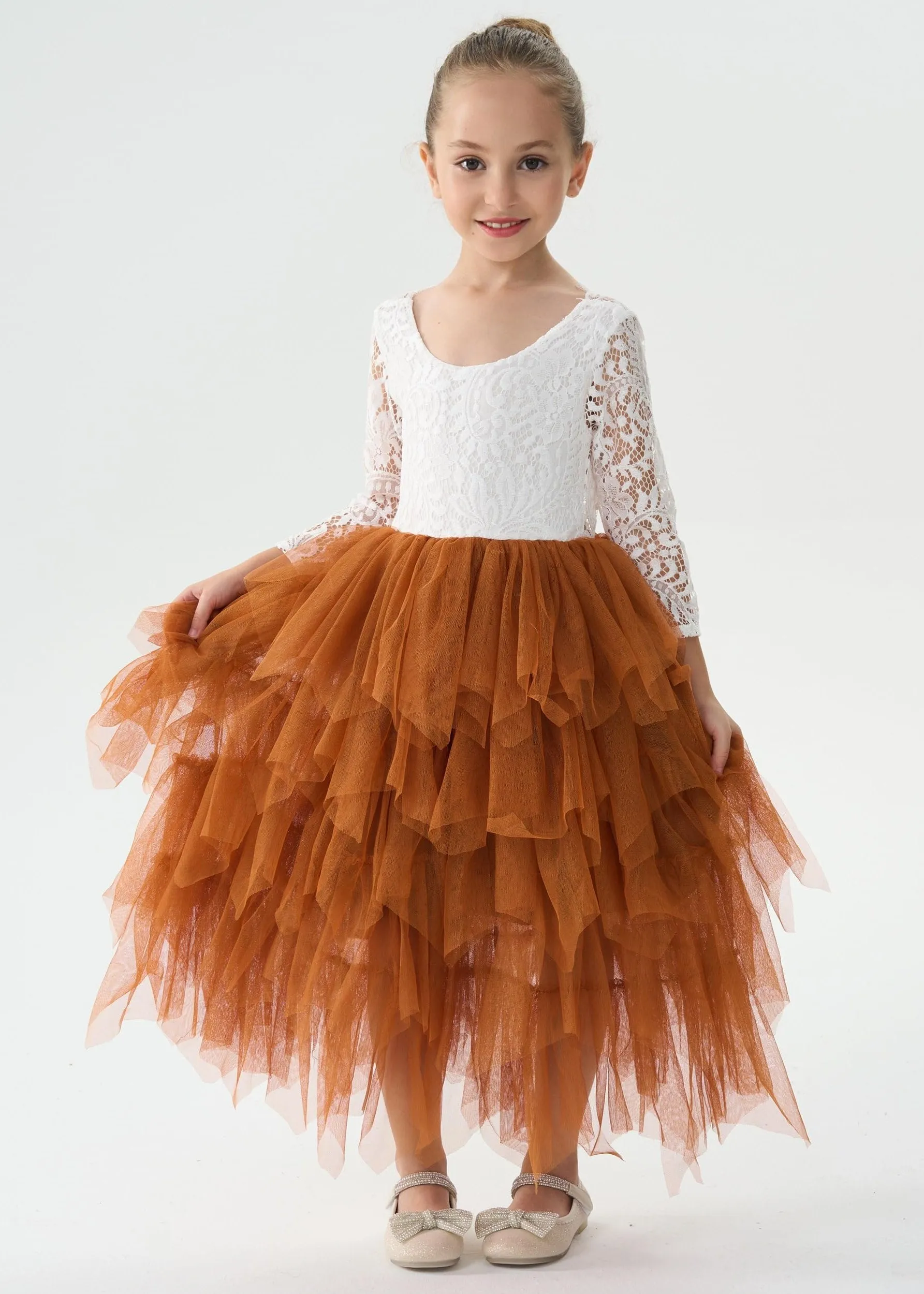 Peony Lace Flower Girl Dress in Burnt Orange (tiered)