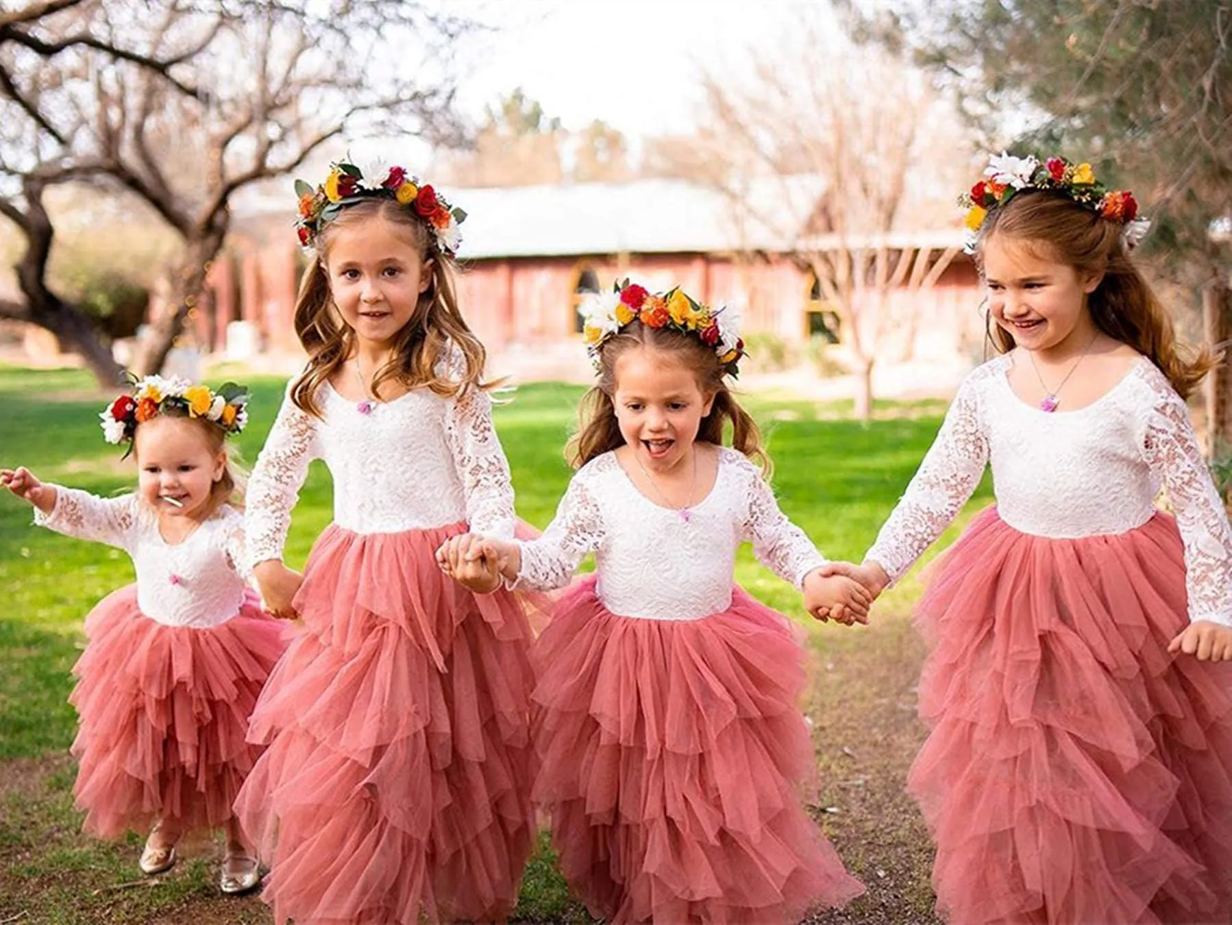Peony Lace Flower Girl Dress in Dusty Pink (tiered)