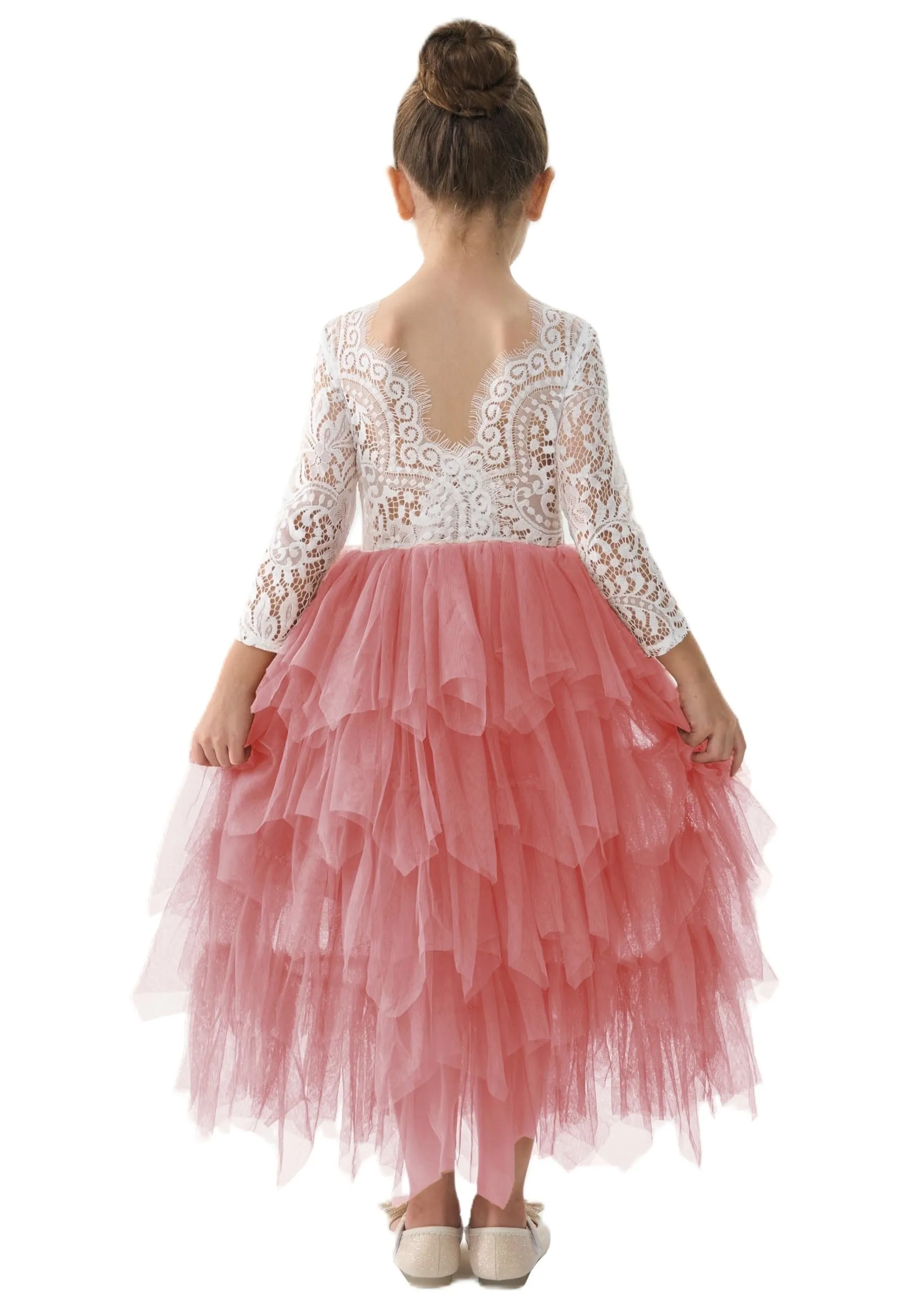 Peony Lace Flower Girl Dress in Dusty Pink (tiered)