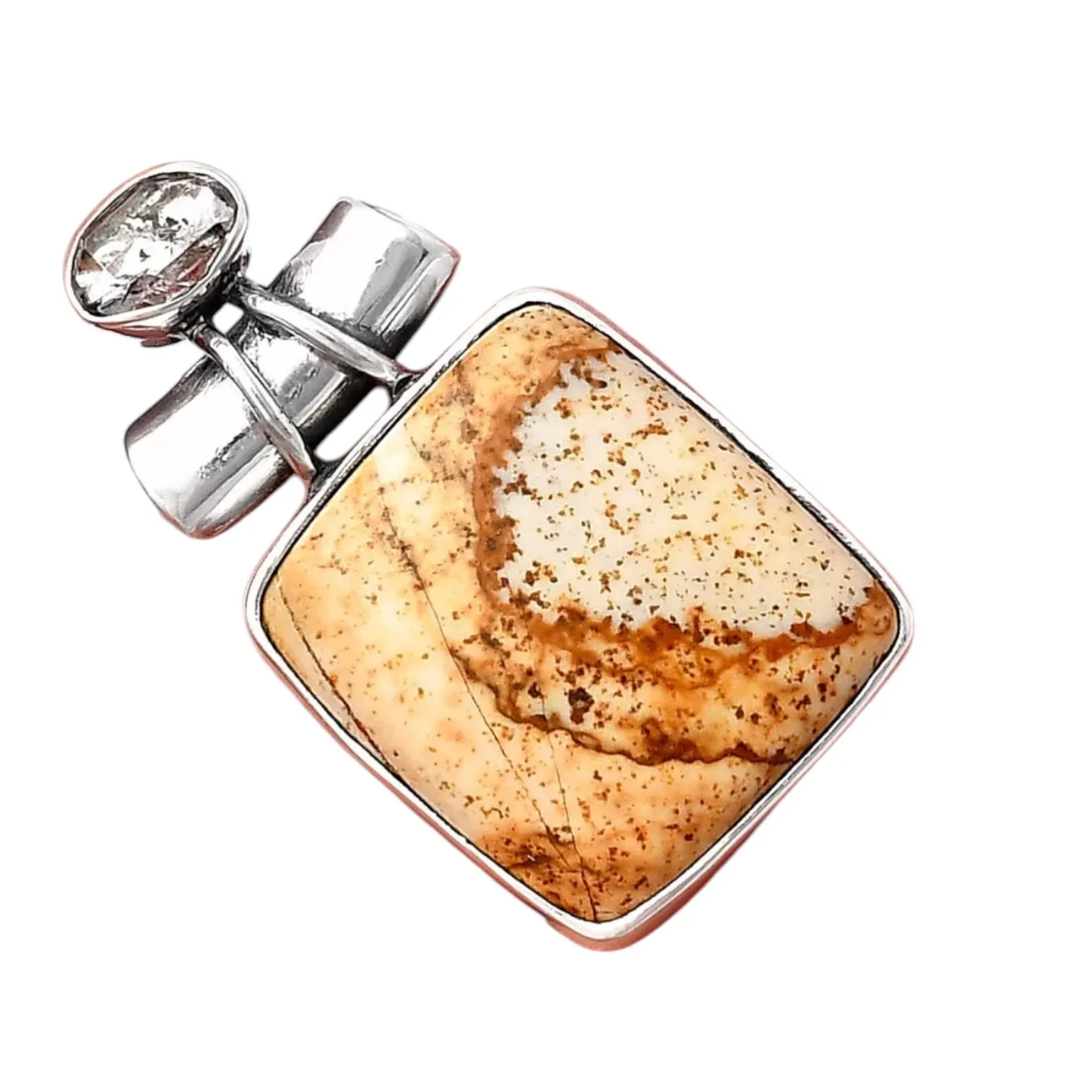 Picture Jasper & Herkimer Diamond Solid 925 Sterling Silver Pendant
