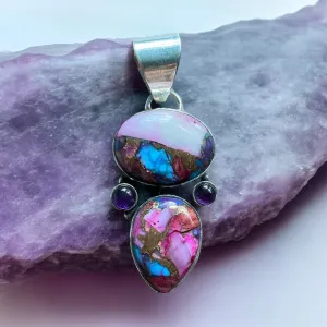 Pink Dahlia & Amethyst Solid 925 Sterling Silver Pendant