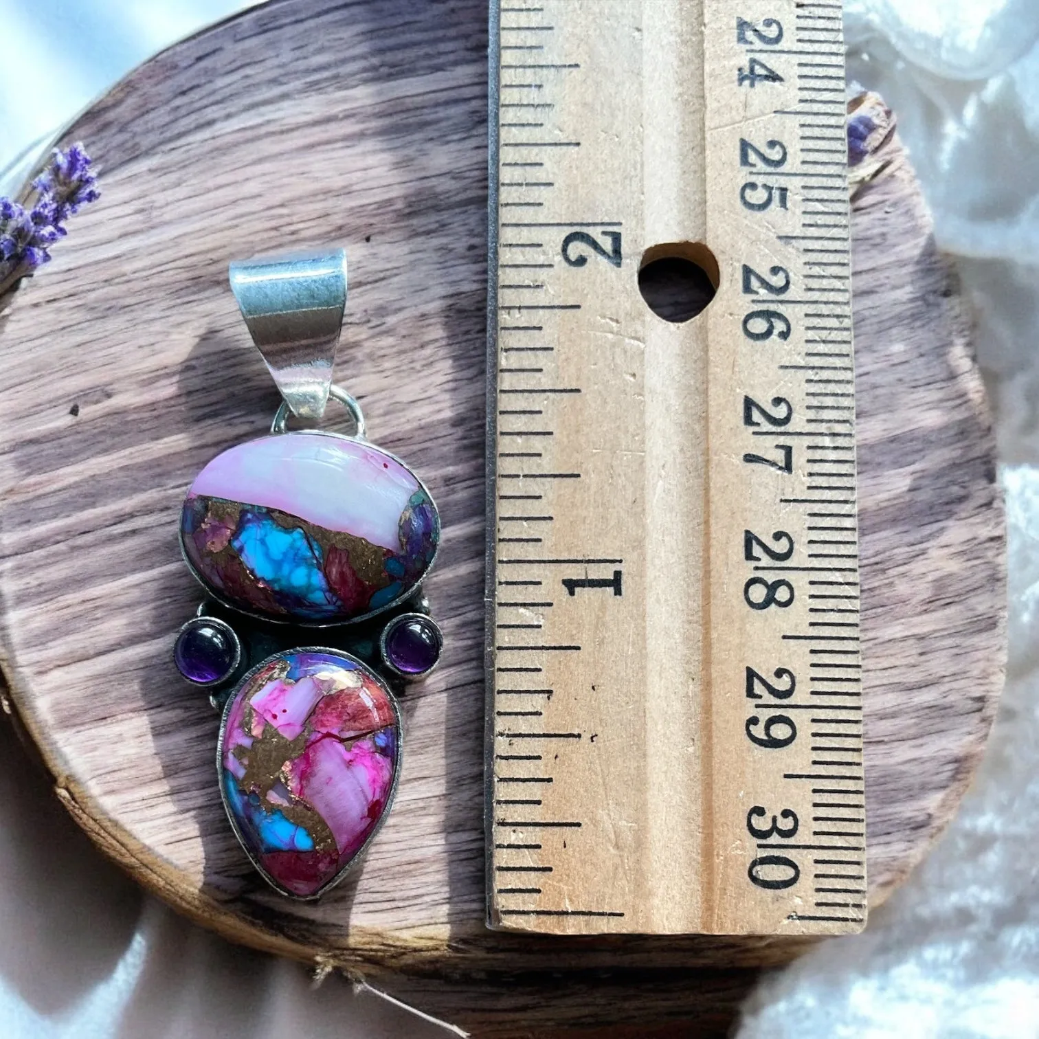 Pink Dahlia & Amethyst Solid 925 Sterling Silver Pendant
