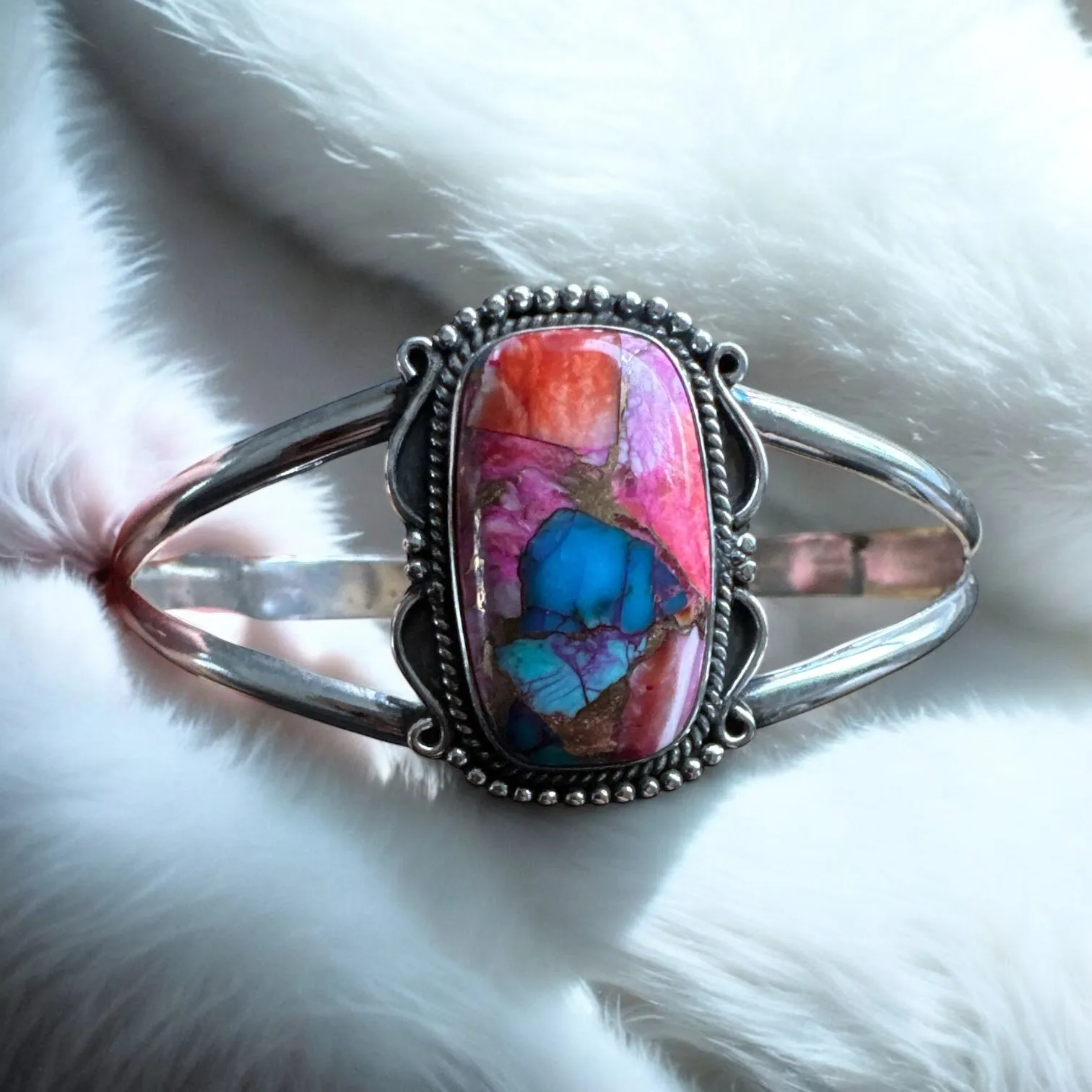 Pink Dahlia Turquoise Solid 925 Sterling Silver Cuff Bracelet