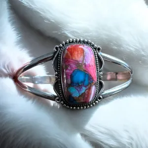 Pink Dahlia Turquoise Solid 925 Sterling Silver Cuff Bracelet
