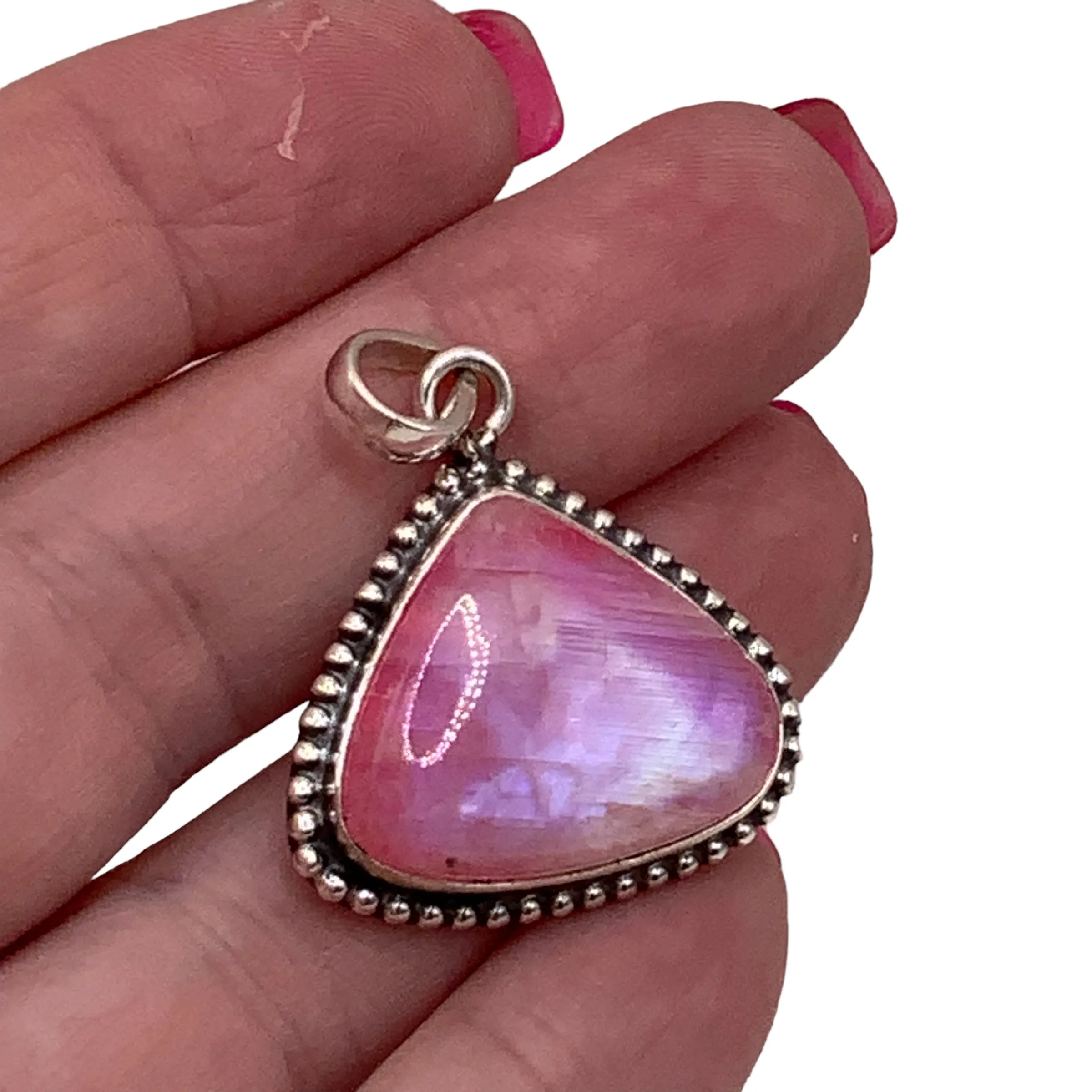 Pink Rainbow Moonstone Solid 925 Sterling Silver Pendant