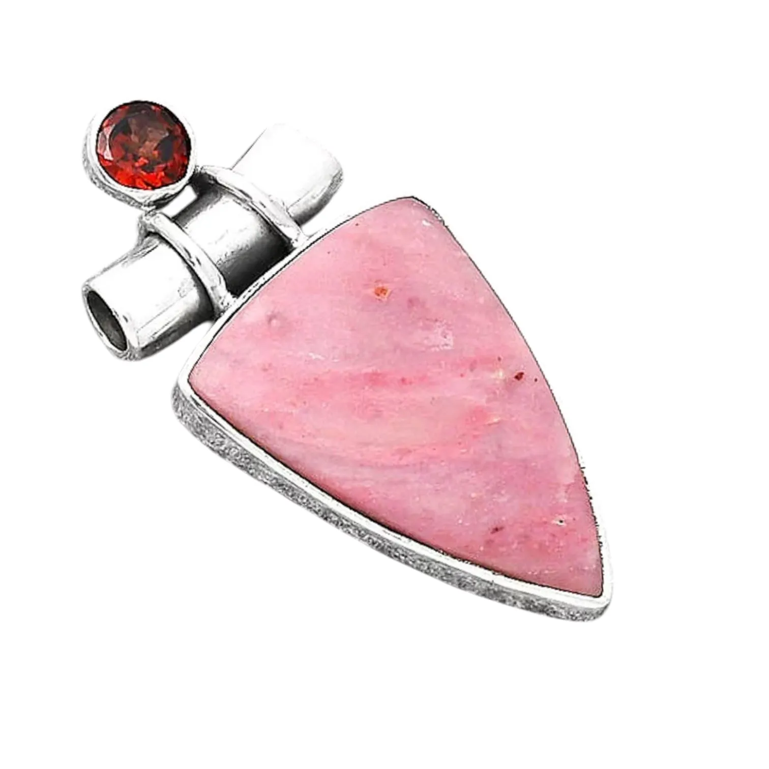Pink Tulip Quartz & Garnet Solid 925 Sterling Silver Pendant