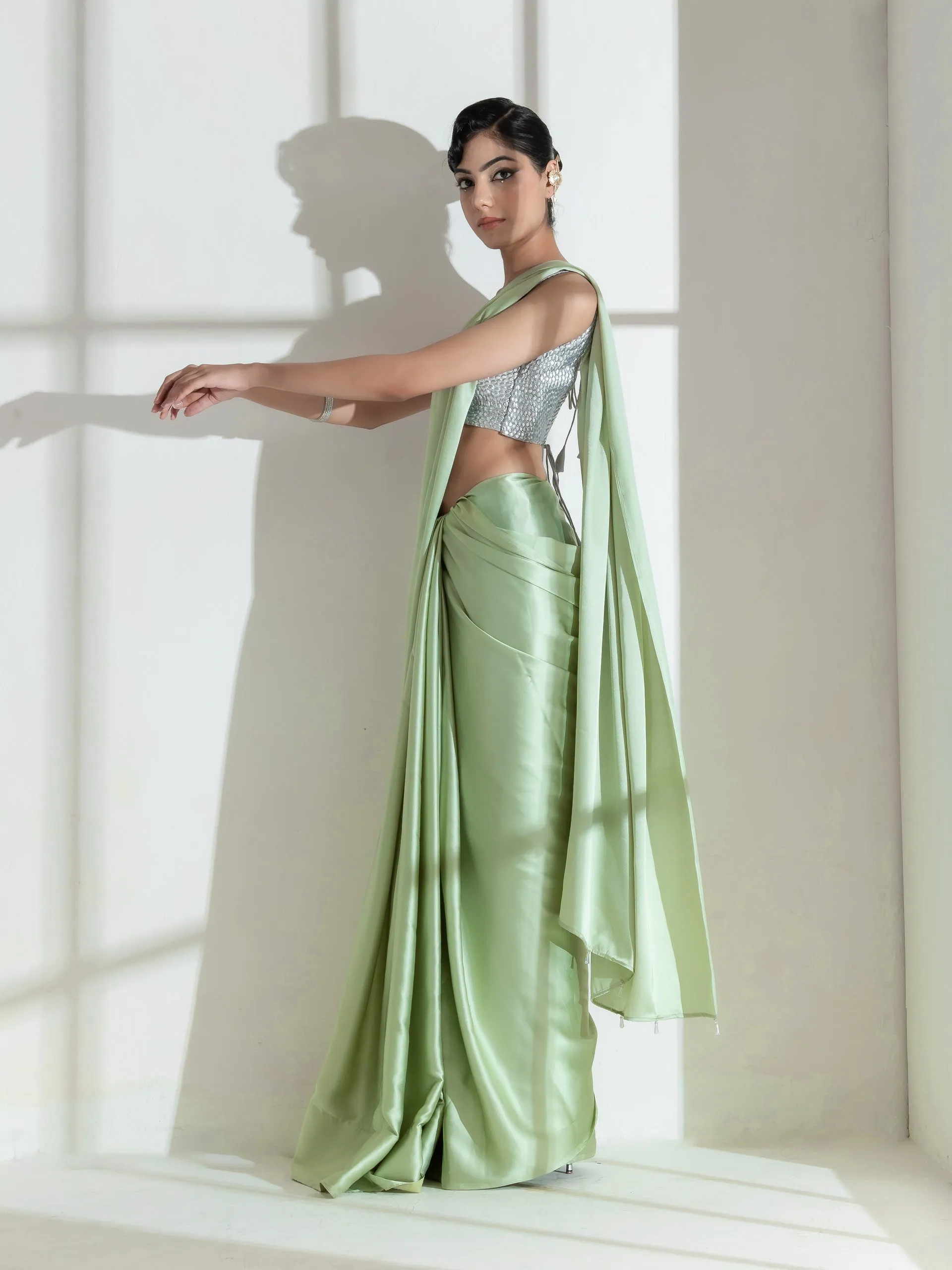 Pista Satin Saree with Transparent beads