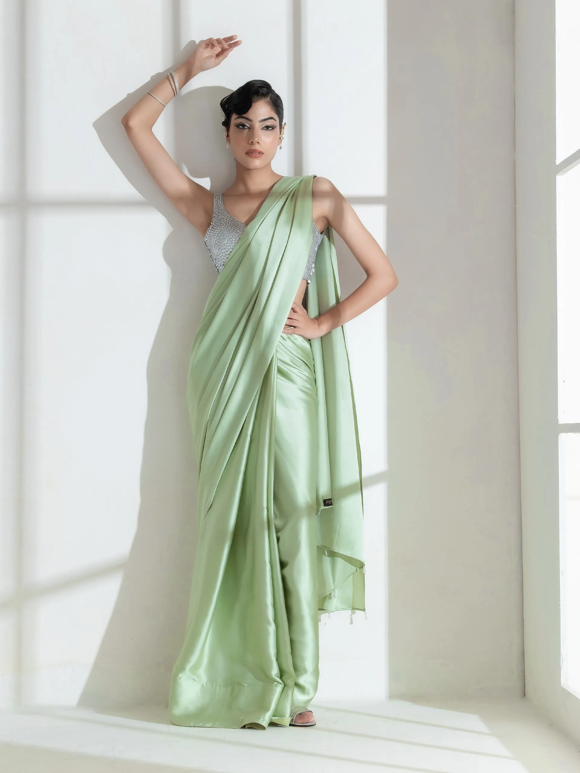 Pista Satin Saree with Transparent beads