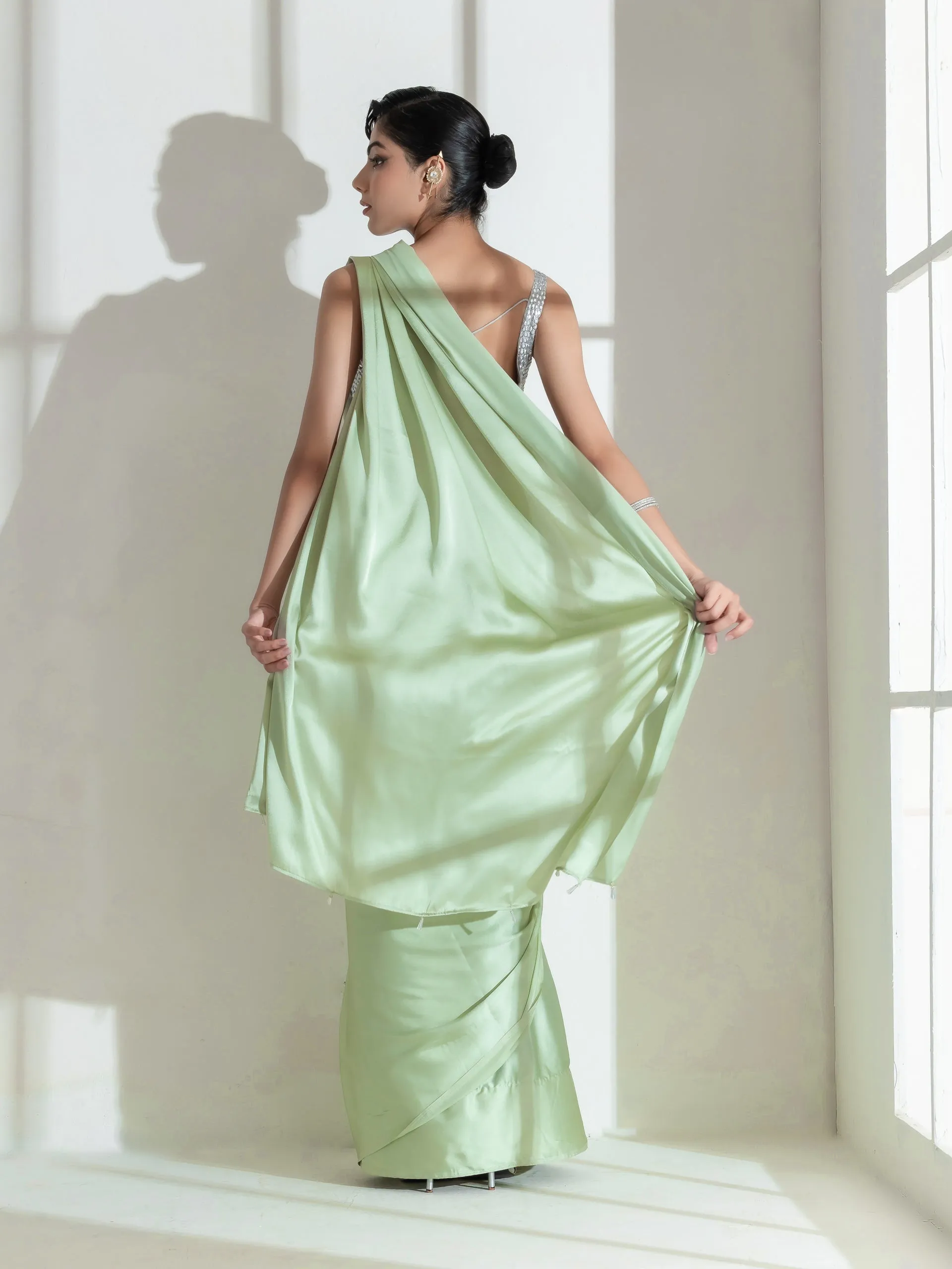 Pista Satin Saree with Transparent beads